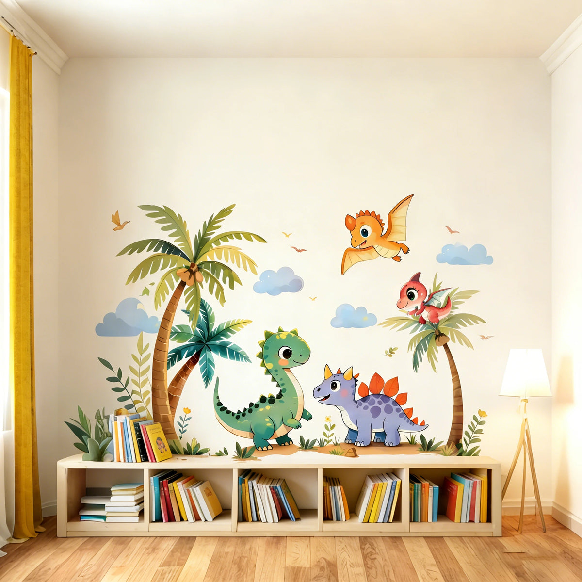 sticker mur dinosaure dessin animé palmier nuage fleur enfant chambre décoration unique