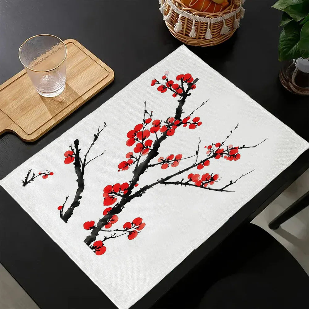 serviettes table art japonais fleurs cerisier blanc rouge noires traditionnelles classiques respectueuses environnement lin