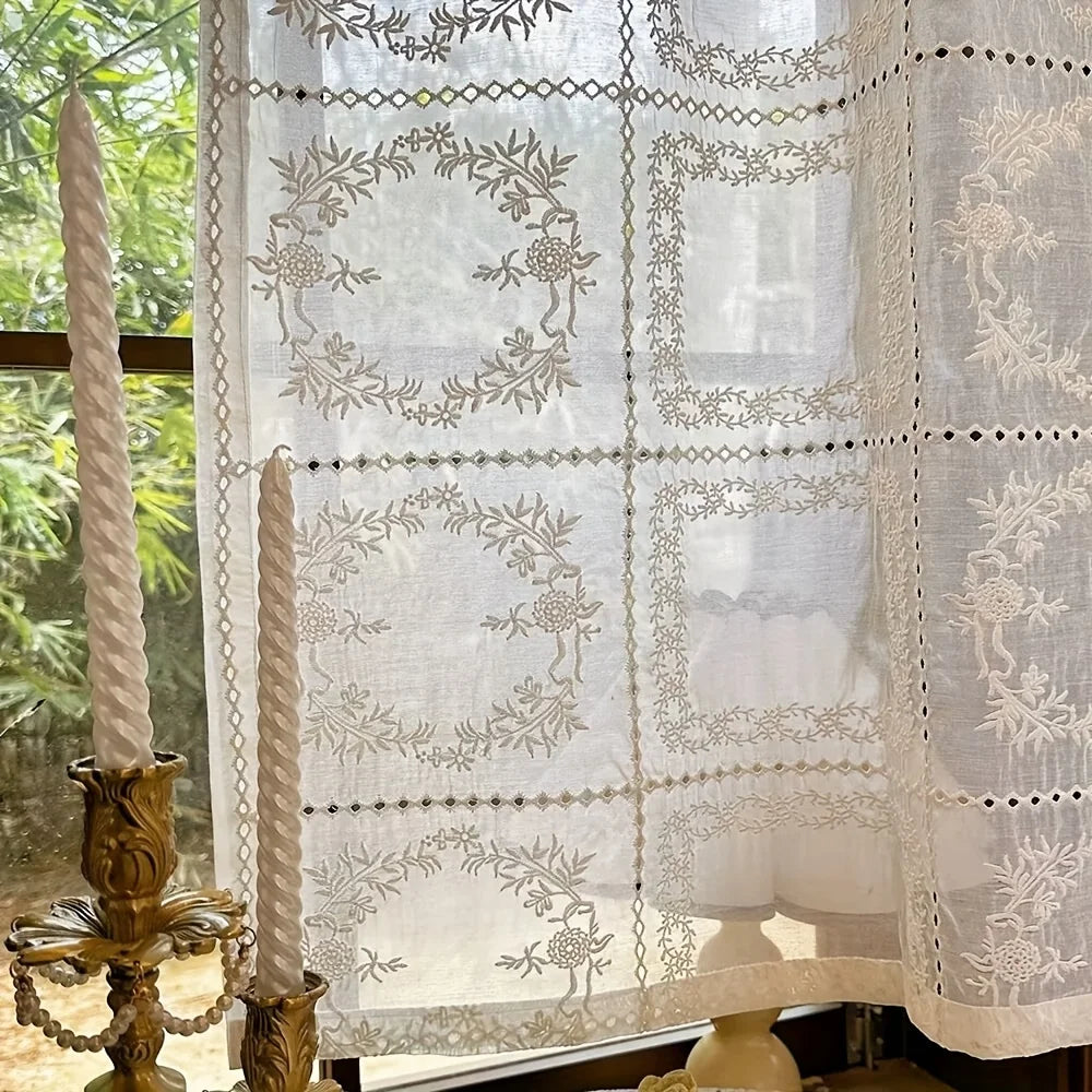 rideau floral transparent brodé polyester classique maison vintage blanc beige