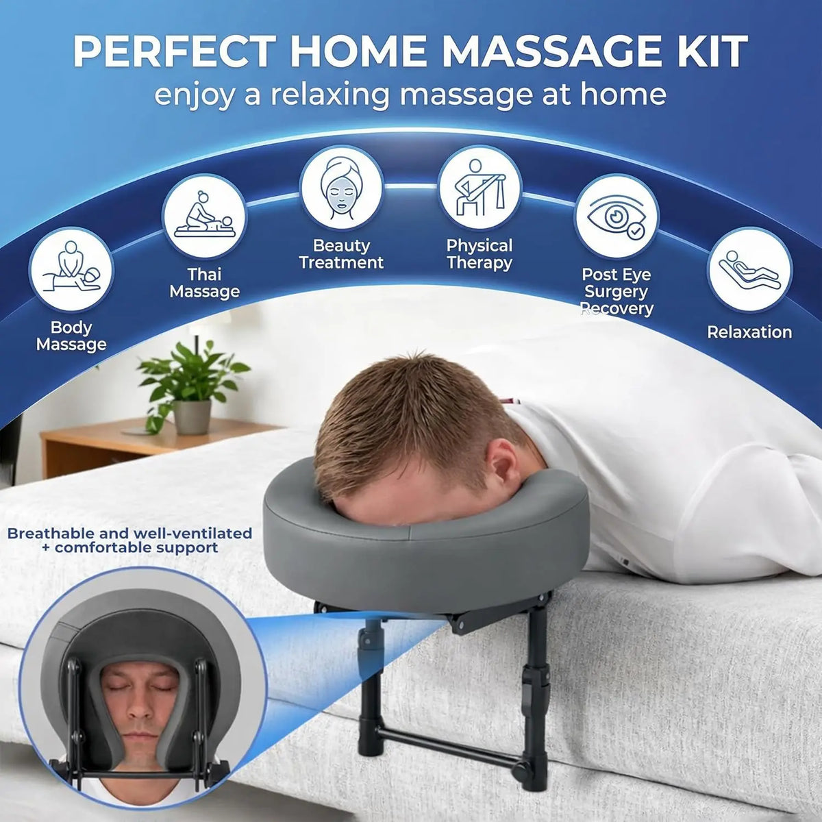 coussin tête massage mousse mémoire forme support métallique réglable matelas gris noir facial intégré