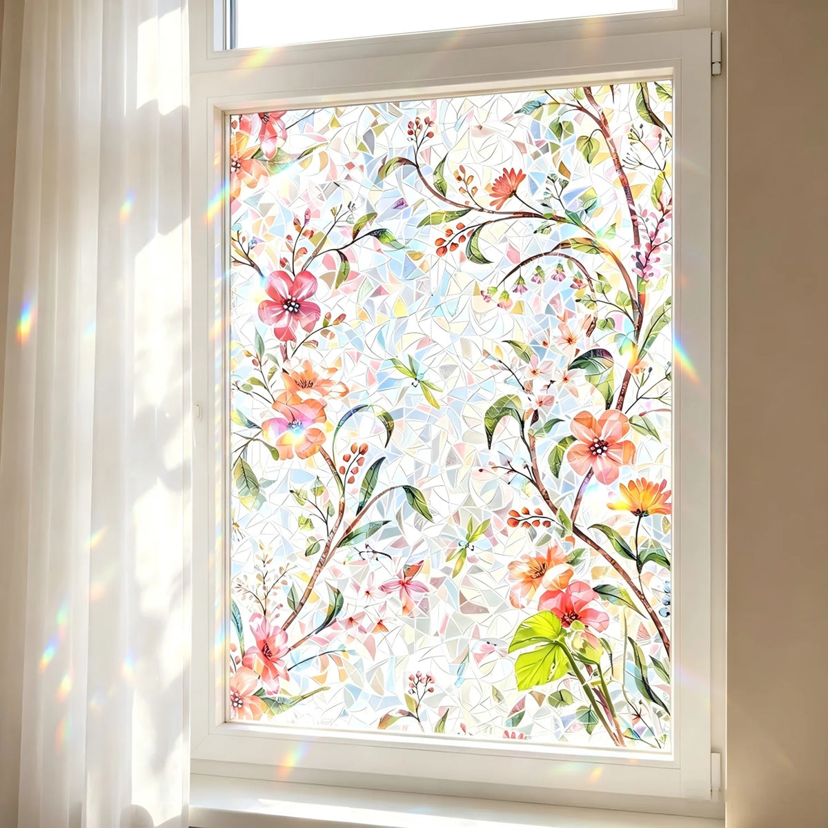 film vinyle décoratif fleurs multicolores fenêtre porte vitre opacité protection intimité maison