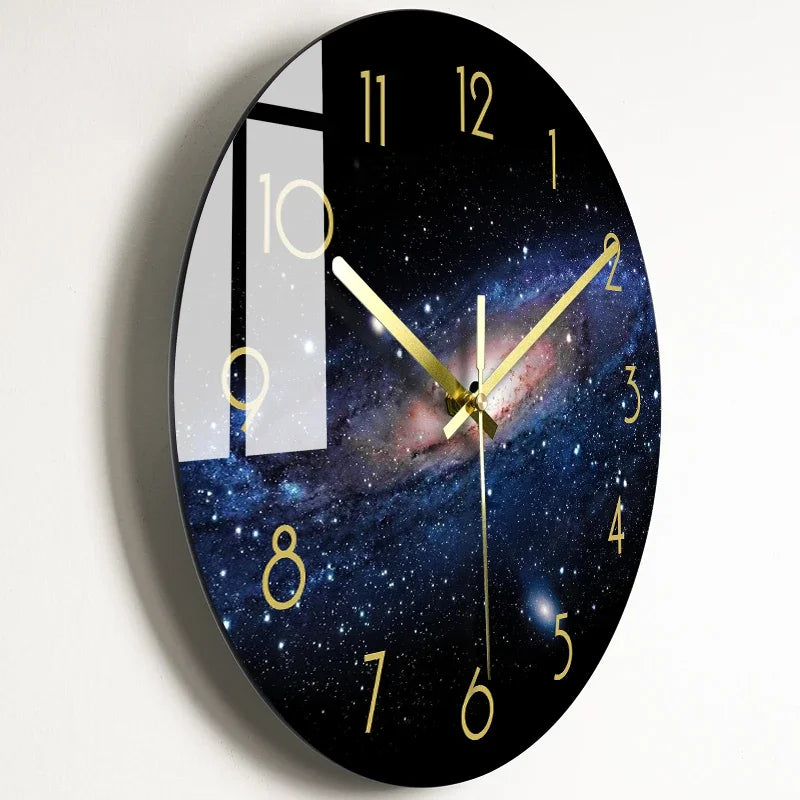horloge murale moderne noire étoiles galaxie lumineuses salon décoration opaque aiguilles électrique