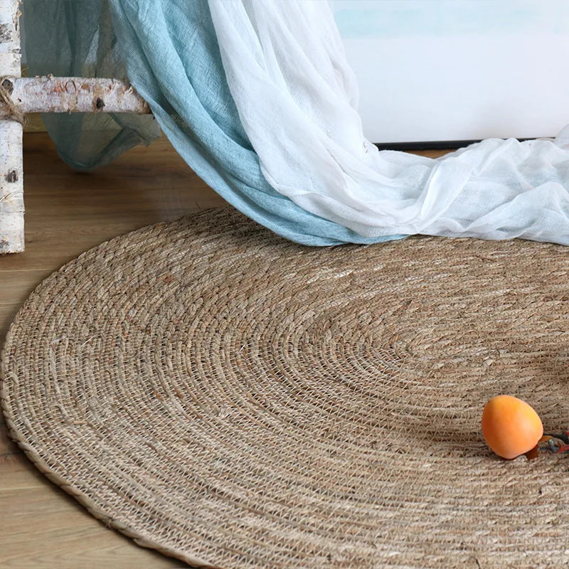 tapis ovale jute rayures blanches naturel rustique salon chambre