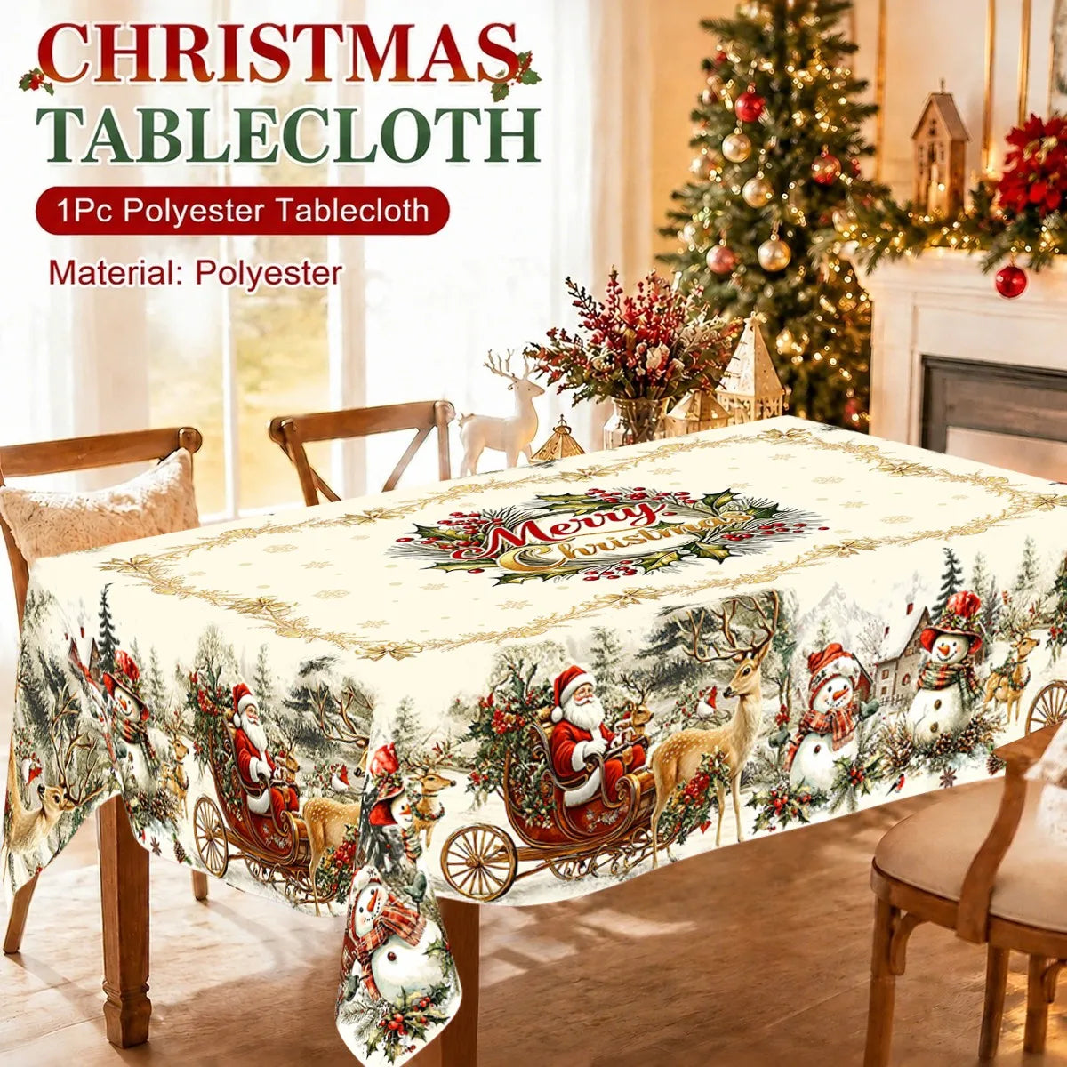 nappe table noël motif père noël rennes traditionnelle rouge vert festive blanc magique hiver