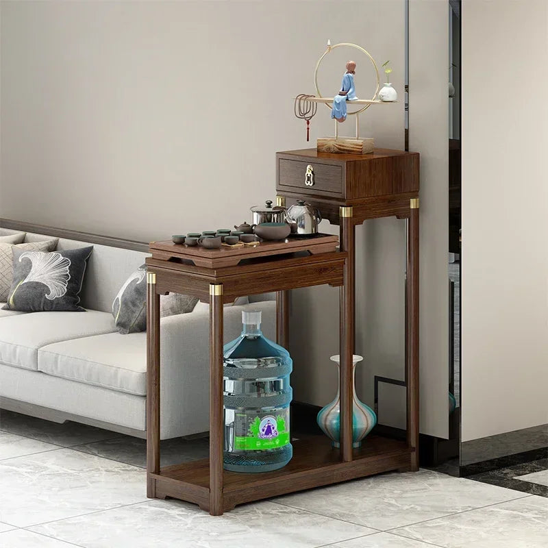meuble appoint bois massif moderne table tiroir meuble double plateau vase bleu figurine bouteille
