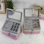 boîte bijoux velours transparent gris rose classique boutons pression rangement colliers bagues