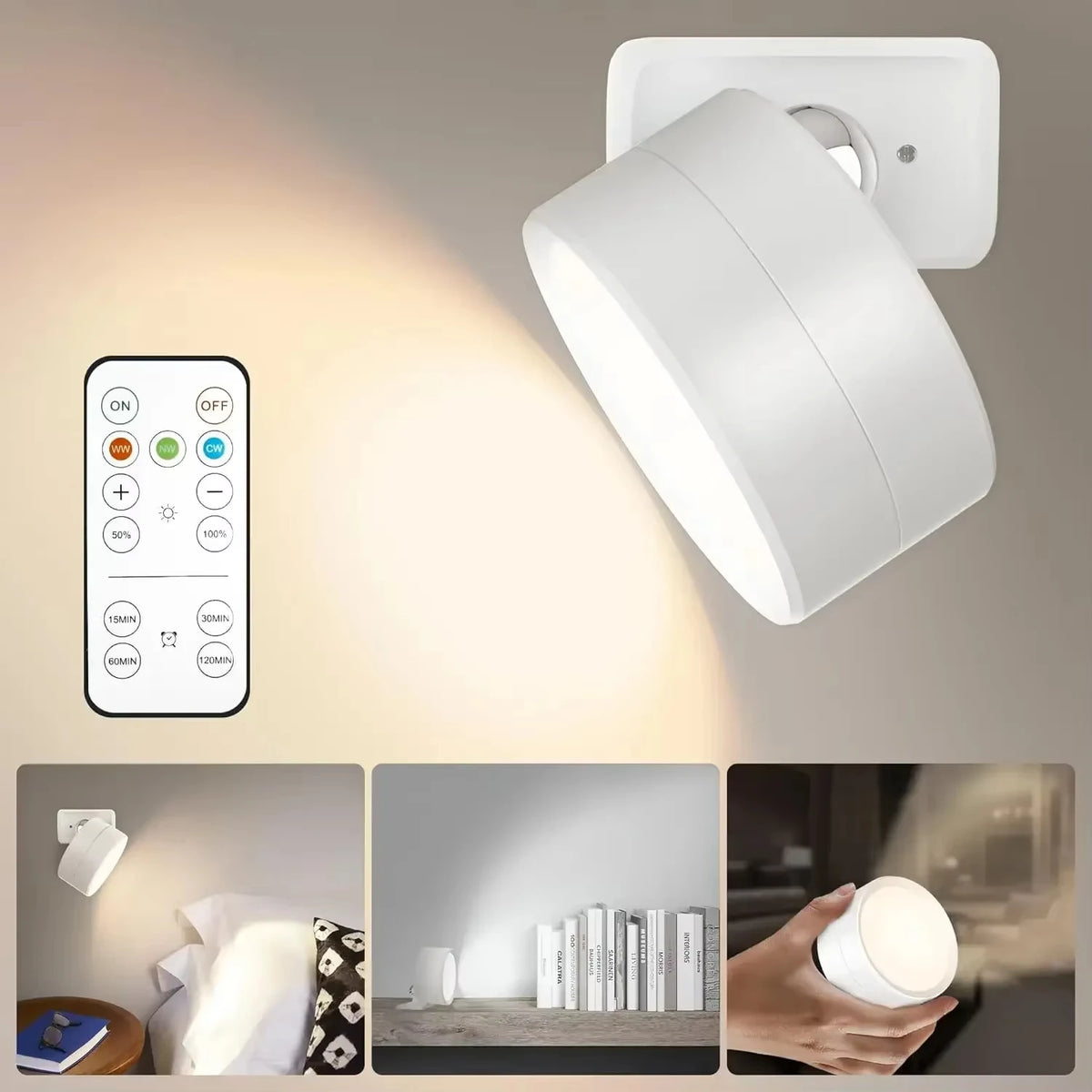 lampe murale rechargeable led rotation 360 moderne noir blanc télécommande