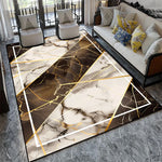 Tapis design moderne au motif de marbre et de lignes dorées, offrant une touche de luxe et d'élégance à cet espace de vie.
