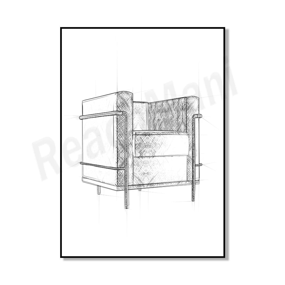 Croquis au crayon d'un fauteuil moderne avec un design épuré et des lignes géométriques.