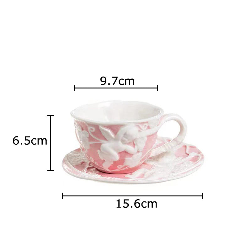tasse céramique porcelaine ange feuilles rose blanc classique théière soucoupe couvercle