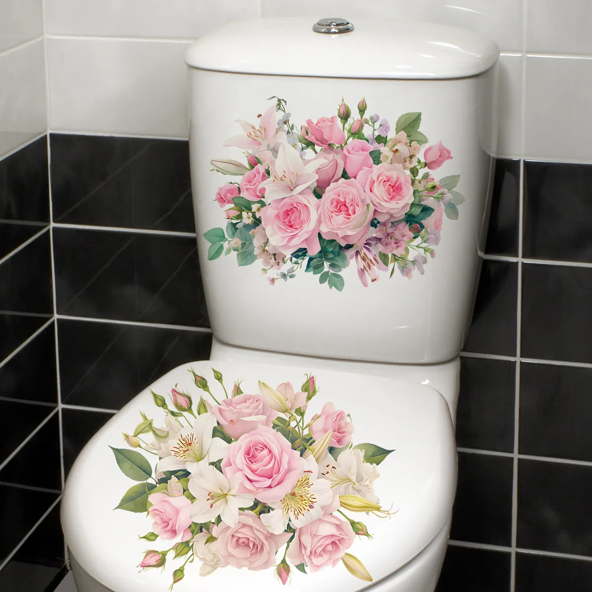 sticker floral rose toilette bouquets fleurs lis feuilles adhésif classique moderne pvc opaque decoration
