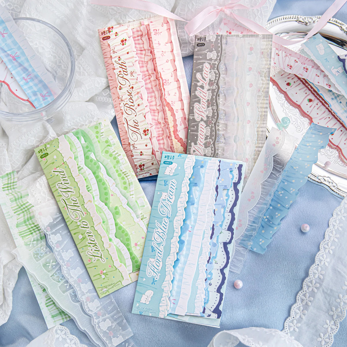 rubans décoratifs fleurs pois plaid sticker dentelle rose vert bleu blanc