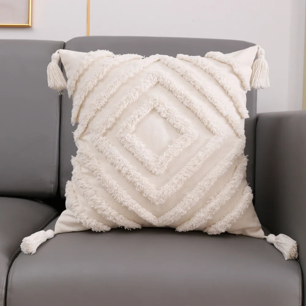 coussin carré géométrique blanc boho chic franges opaques décoration maison voiture