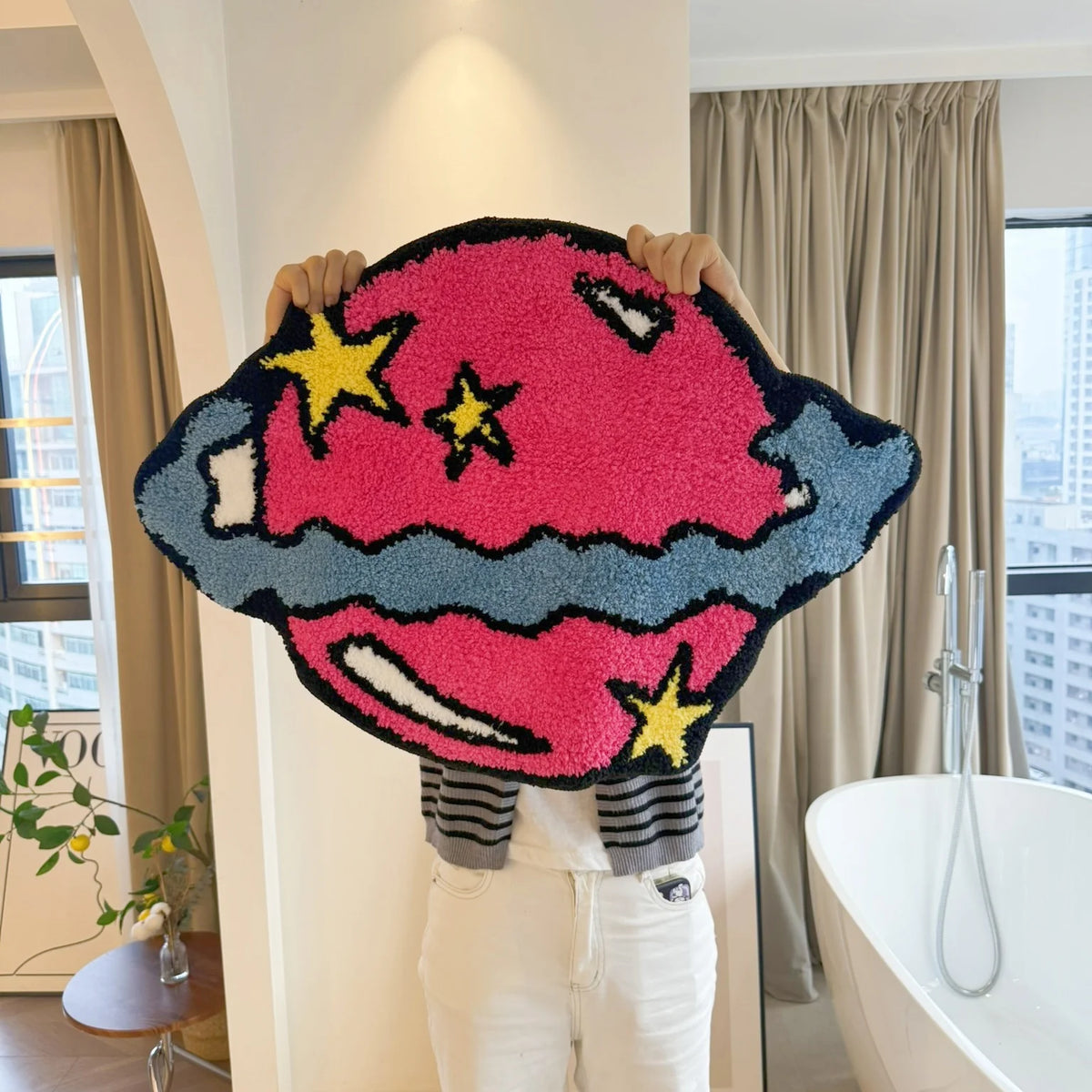 tapis pelucheux rose bleu noir étoiles gâteau antidérapant lavage machine main moderne pop art