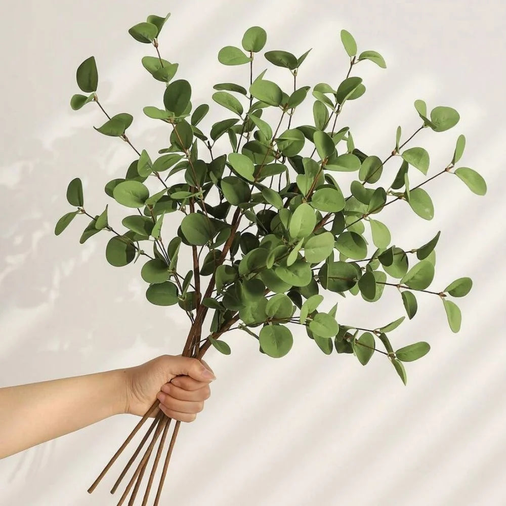 feuilles eucalyptus artificielles vert foncé decoration maison 61cm branches decoratives rustique boheme vase transparent