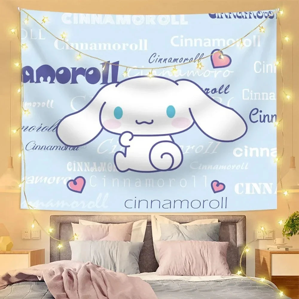 tapisserie décorative dessin animé cinnamoroll coeurs fleurs cerises citrons étoiles polyester coton rose bleu