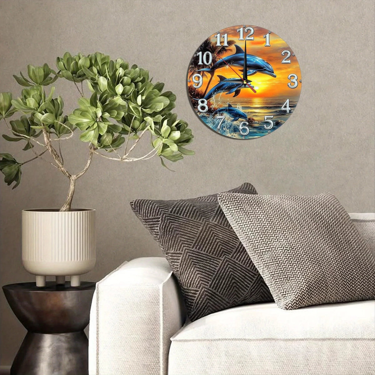 horloge murale bois dauphins coucher soleil palmiers moderne chambre decoration