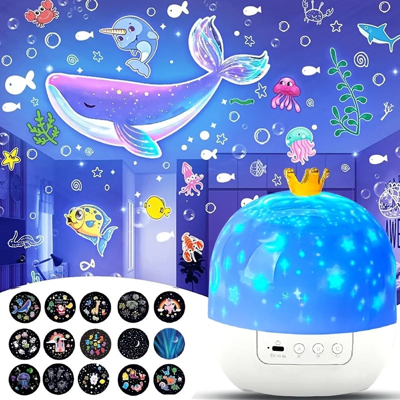 projecteur nuit étoiles poissons jaune bleu blanc 15 motifs luminosités câble usb moderne enfantin
