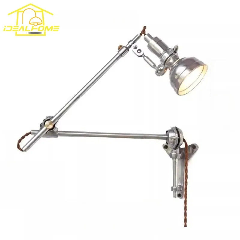 lampe murale bras articulé argenté marron industrielle vintage abat jour métallique fixée mur interrupteur