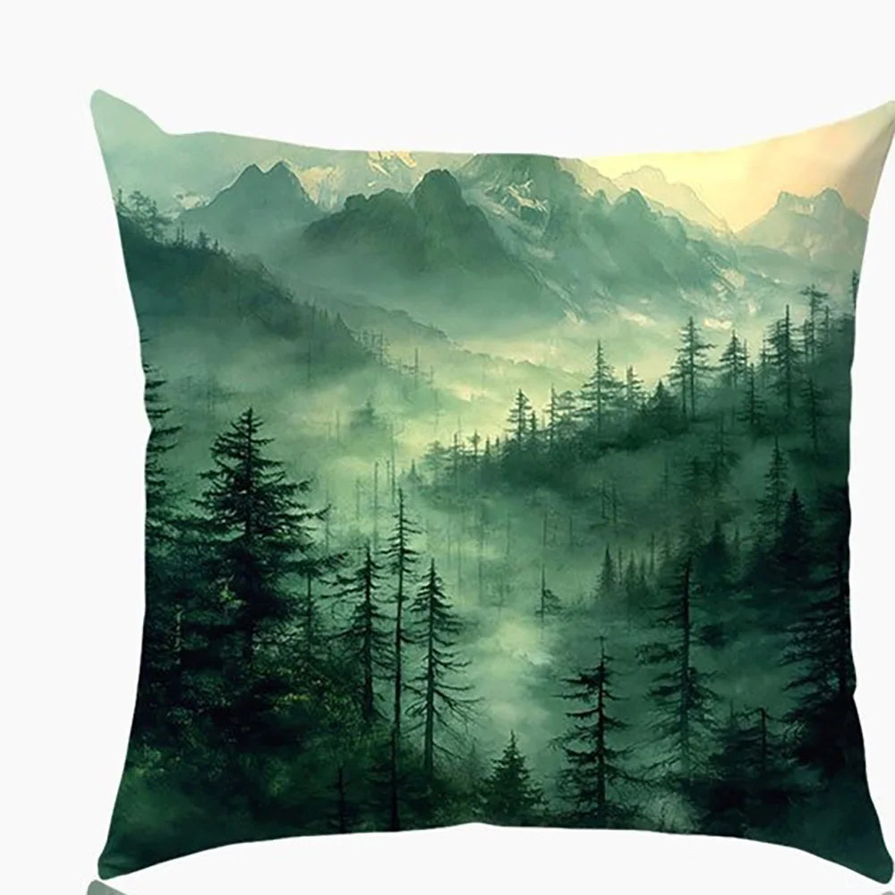 taies d'oreiller imprimées forêt brumeuse polyester peacheskin 40x40cm 45x45cm 50x50cm 60x60cm zip closure naturel