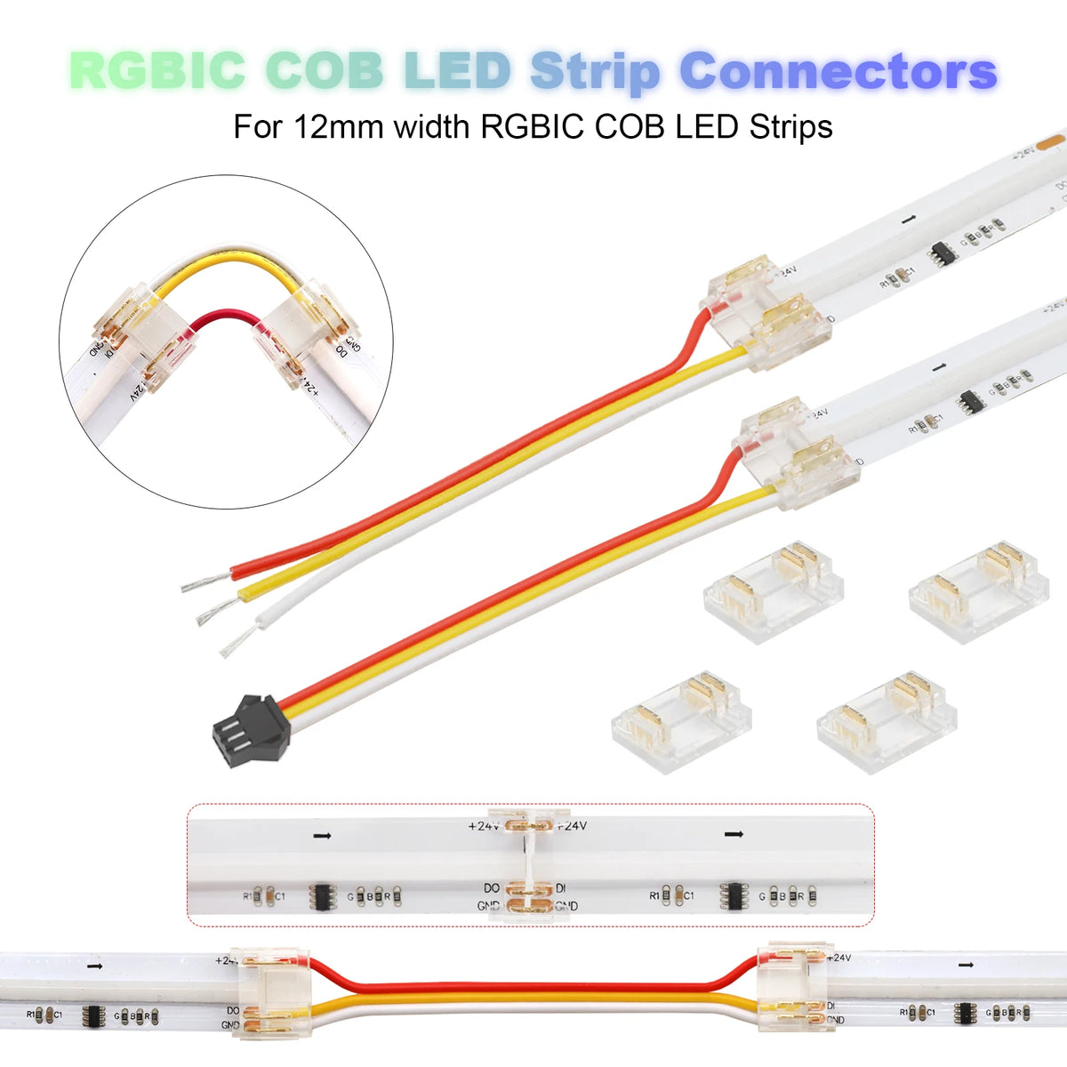 ruban led cob rgbic transparent moderne clips connecteurs 24v certifié rohs ul