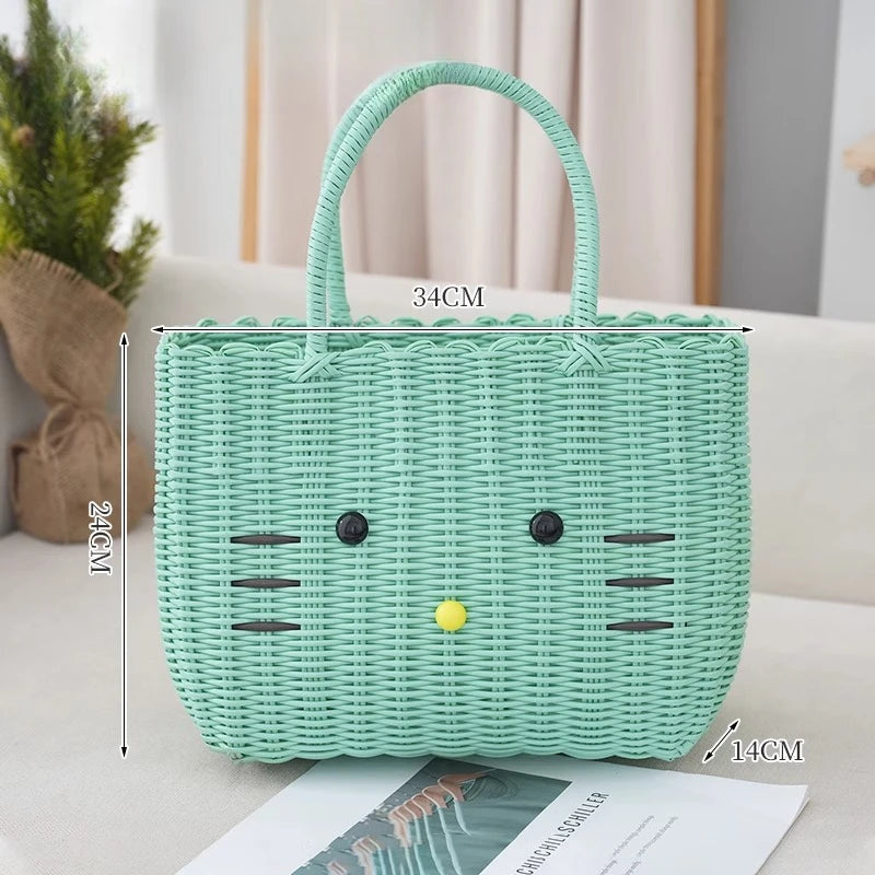 panier rangement vert clair chat mignon poignées corde blanc rose respectueux environnement