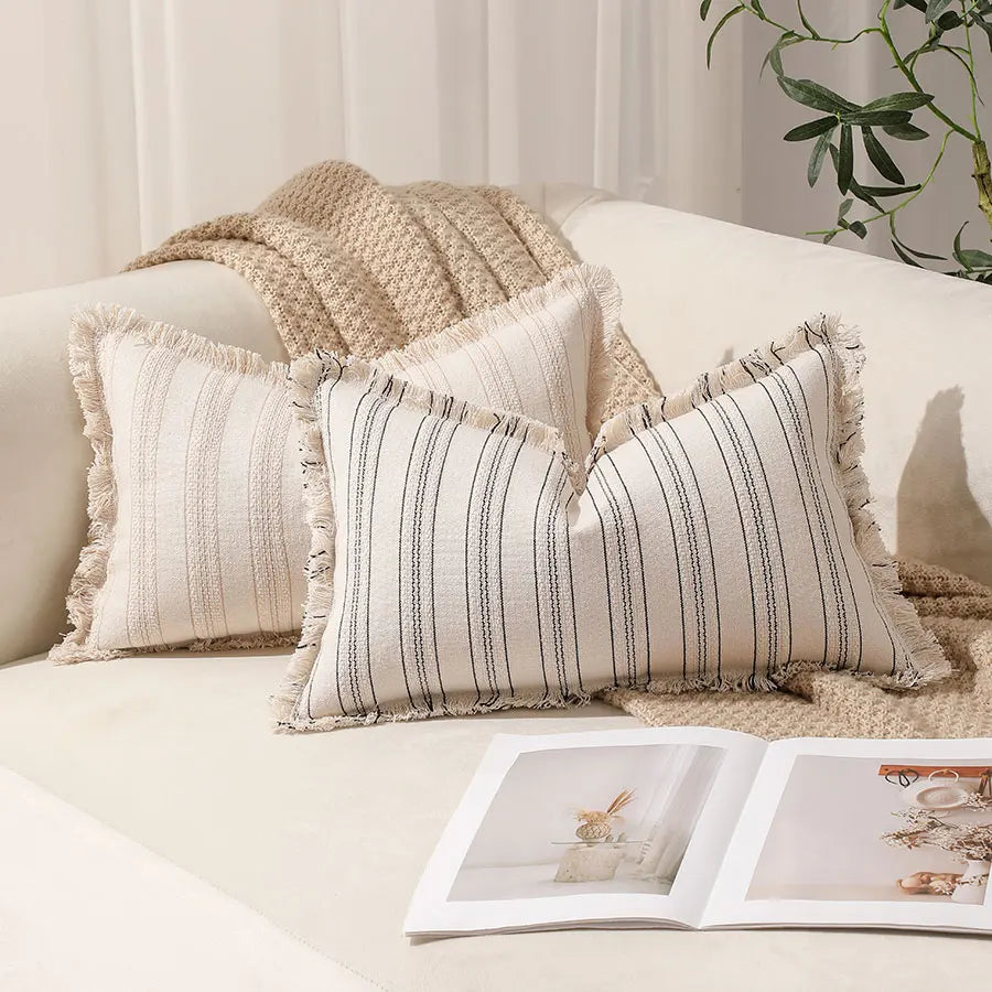 housse coussin boho chic rayé beige blanc rustique zipper 30x50cm