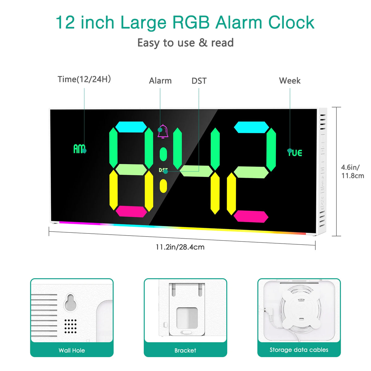 horloge murale numérique affichage led noir blanc multicolore moderne télécommande éclairage rgb