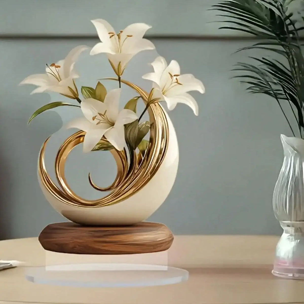 vase decoratif moderne fleur blanche taches dorées feuilles vertes beige deco salon