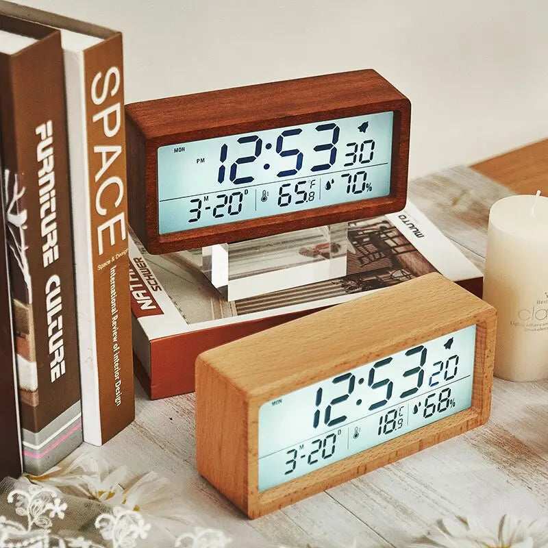 horloge numérique bois naturel minimaliste affichage heure date température humidité vert clair moderne