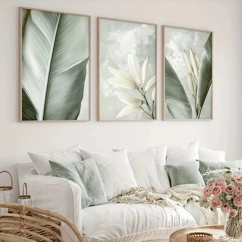 tableaux moderne naturels motifs floraux bananier fleurs vert clair blanc beige sans cadre