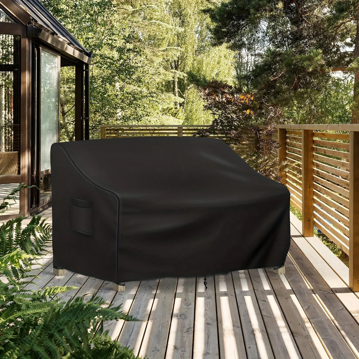Housse canapé extérieure polyestère noire moderne poche poignée adjustable ventilation