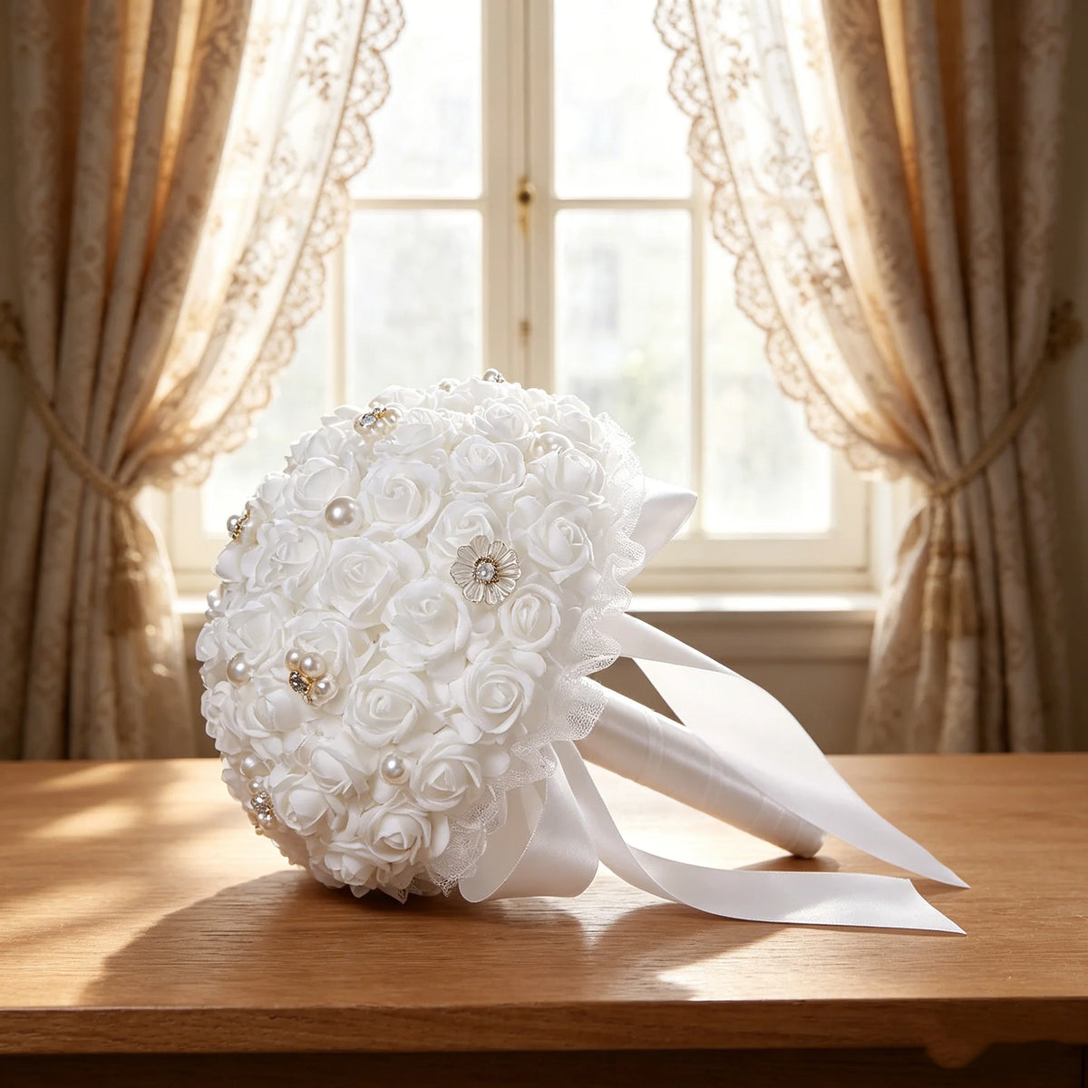 bouquet roses artificielles mariage blanc argenté rubans satinés scintillantes tissu classique