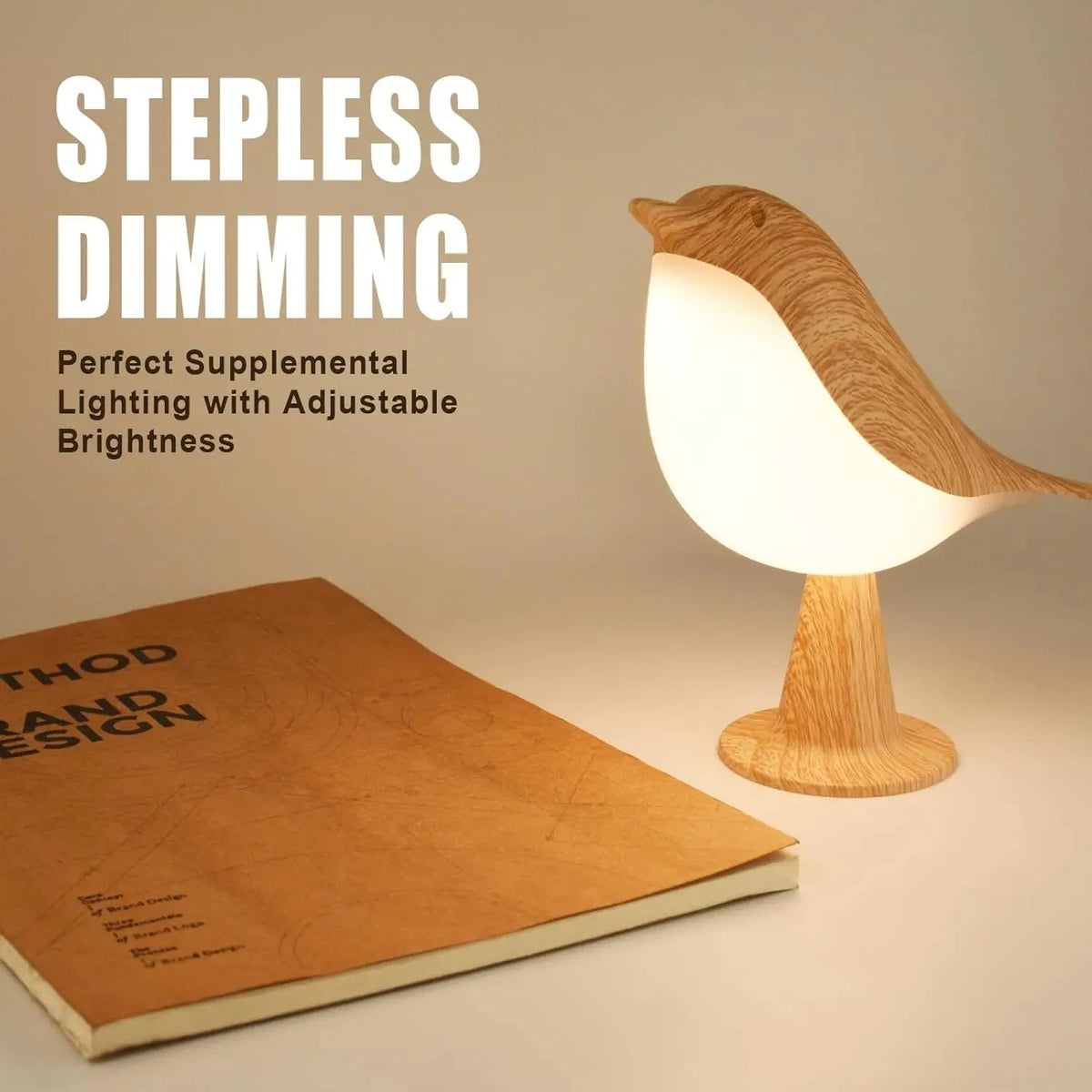 lampe poser oiseau veilleuse texture bois naturel moderne capteur tactile blanc minimaliste