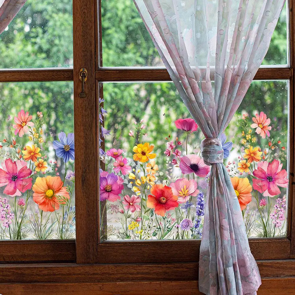 sticker mural fleurs sauvages aquarelle multicolore semi transparent 30x60cm decoration fenetre champetre floral artistique