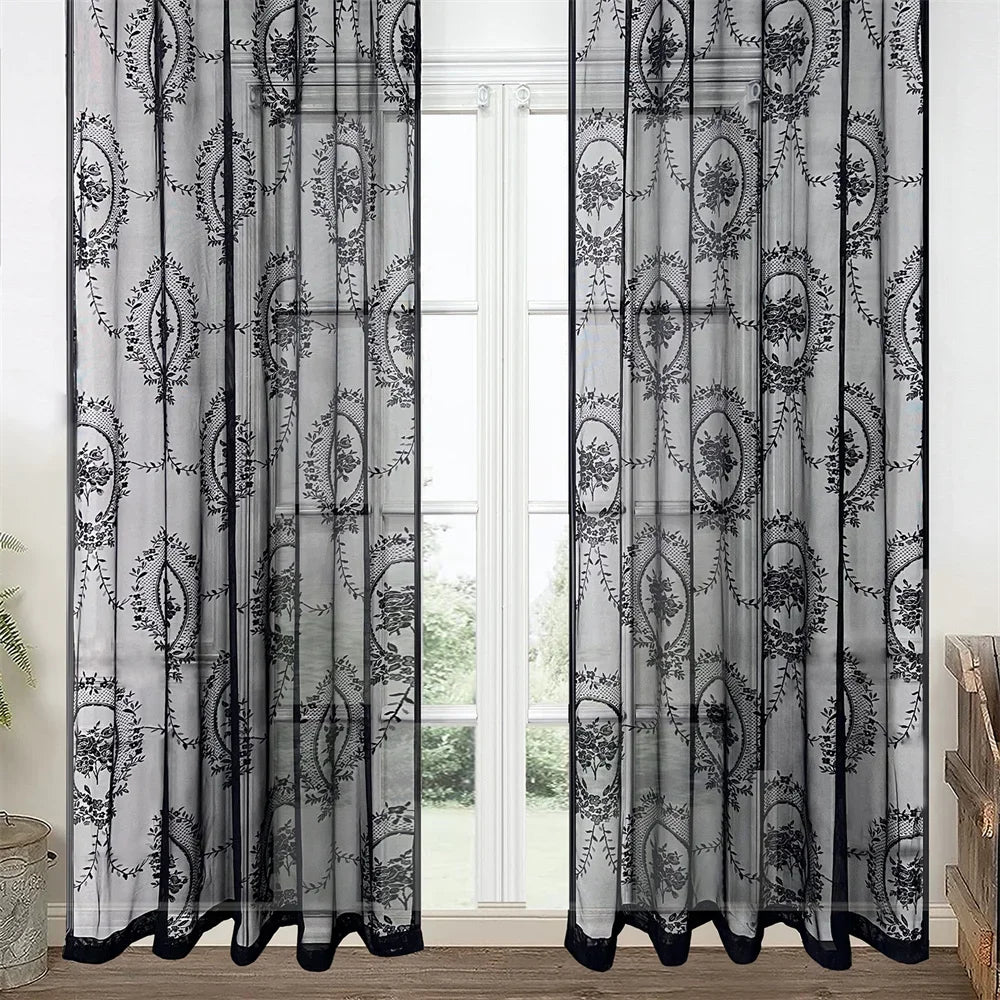 rideau voilage gris foncé motifs floraux translucide bohème chic vintage chambre coucher