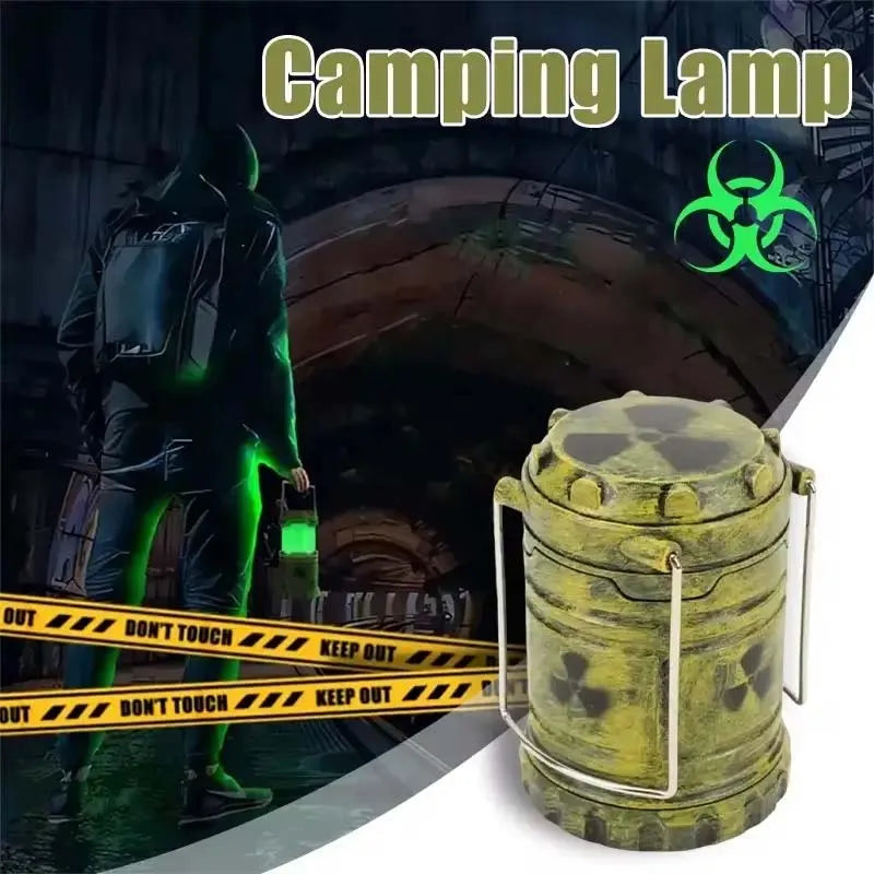 lanterne camping vert rayée symbole radioactivité vintage militaire anneaux métalliques
