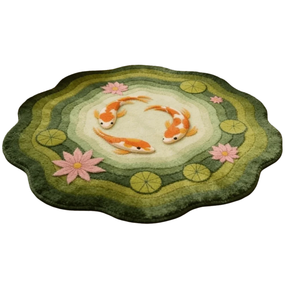 tapis poissons lotus salon rose vert artisanal réaliste poissons feuilles fleurs