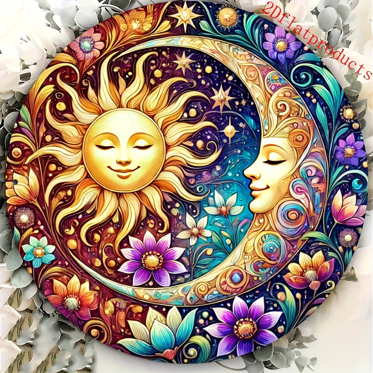 décoration murale bois soleil lune fleurs oiseaux étoiles or argent bleu rouge Jaune Blanc