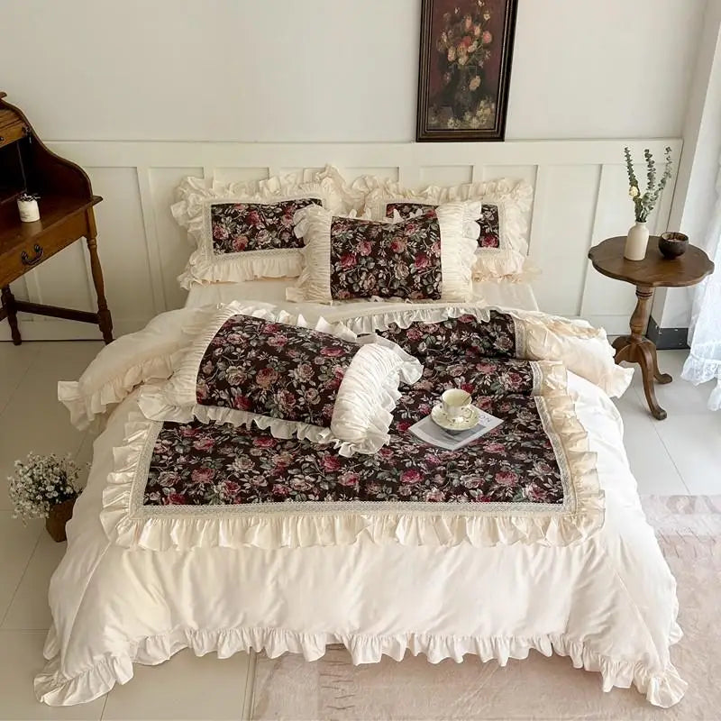 ensemble literie floral romantique blanc rose vert dentelle volants pièces