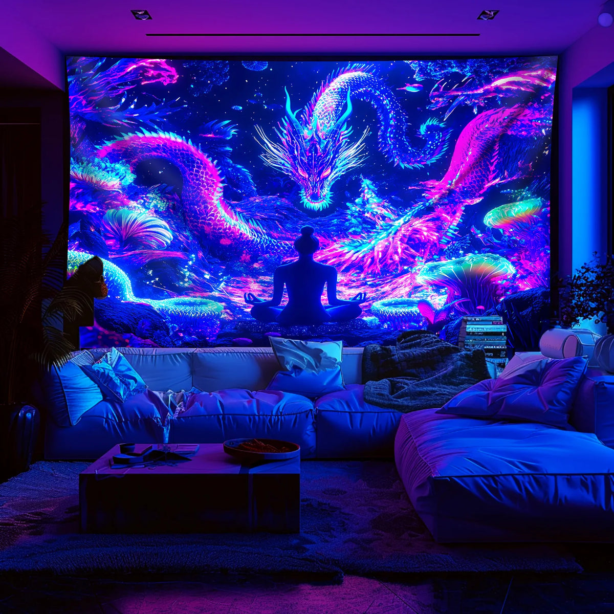 tapisserie murale moderne dragons stylisés violet bleu rose fond marin 100x150cm