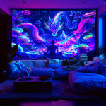 tapisserie murale moderne dragons stylisés violet bleu rose fond marin 100x150cm