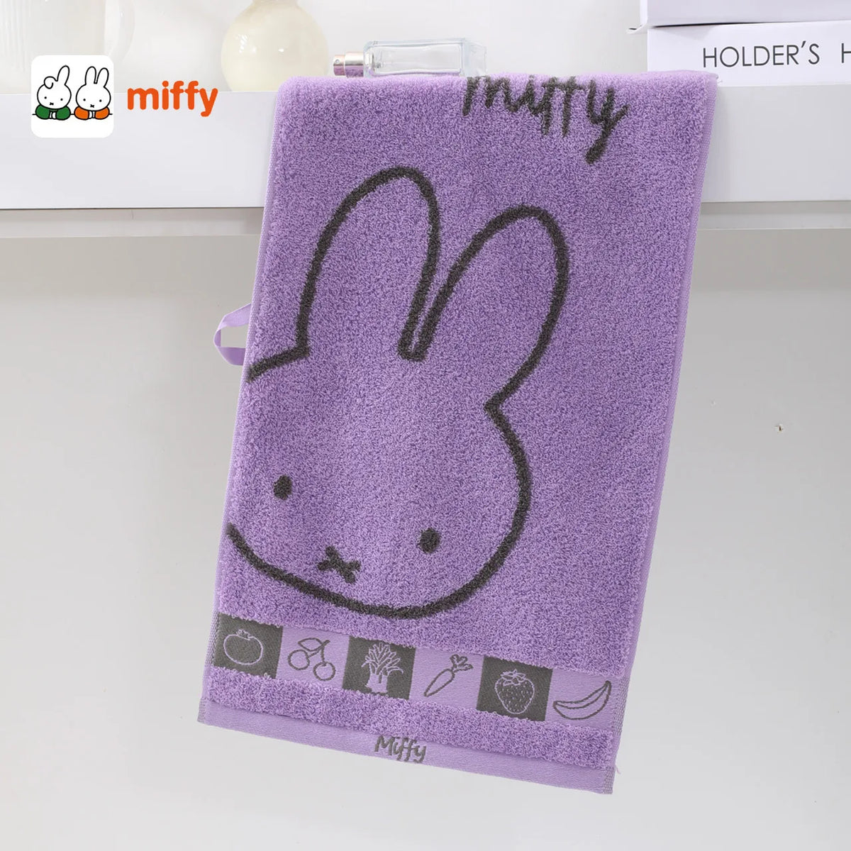 serviette coton lapin miffy dessin animé violet jaune vert gris marron pomme arbre anneaux