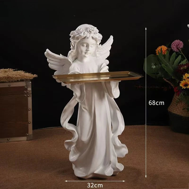 statues anges blanc plateau rangement bougies fleurs séchées décoratives intérieur couronnes roses sculptées