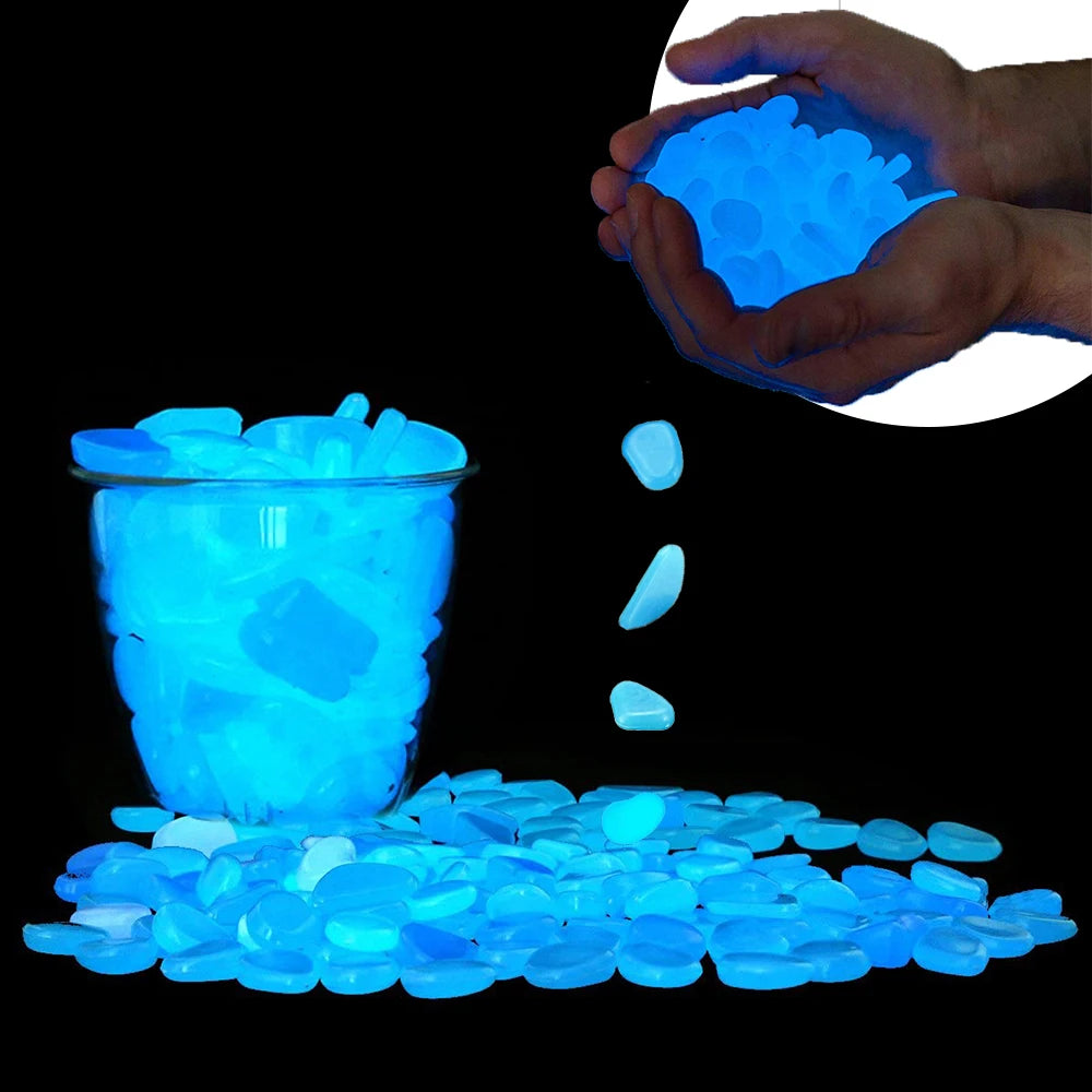 pierres fluorescentes bleu vert jaune rose modernes lisses jardin patio décor lumineux