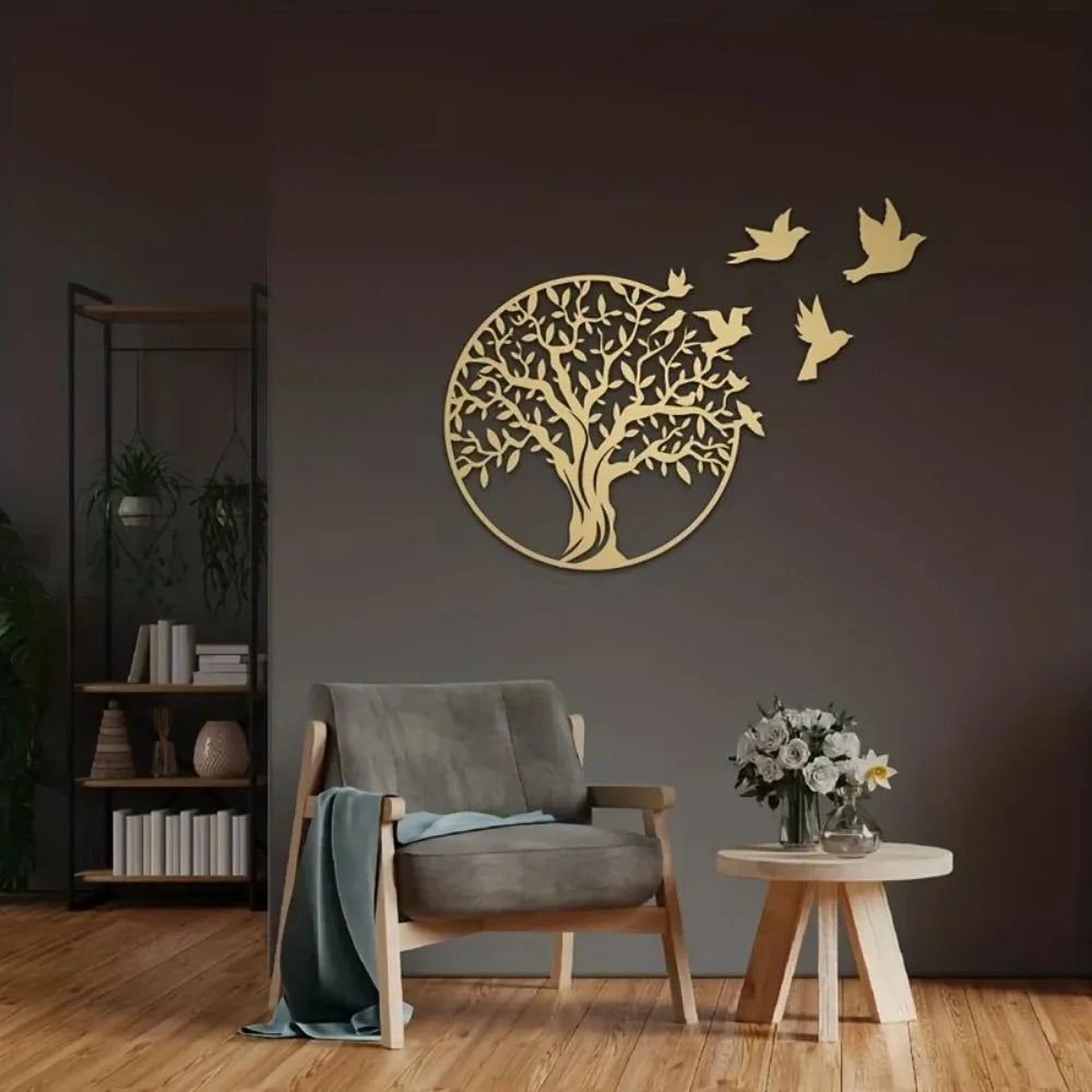 décoration murale arbre vie or noir oiseaux volants moderne abstrait fixations adhésives éléments détaillés