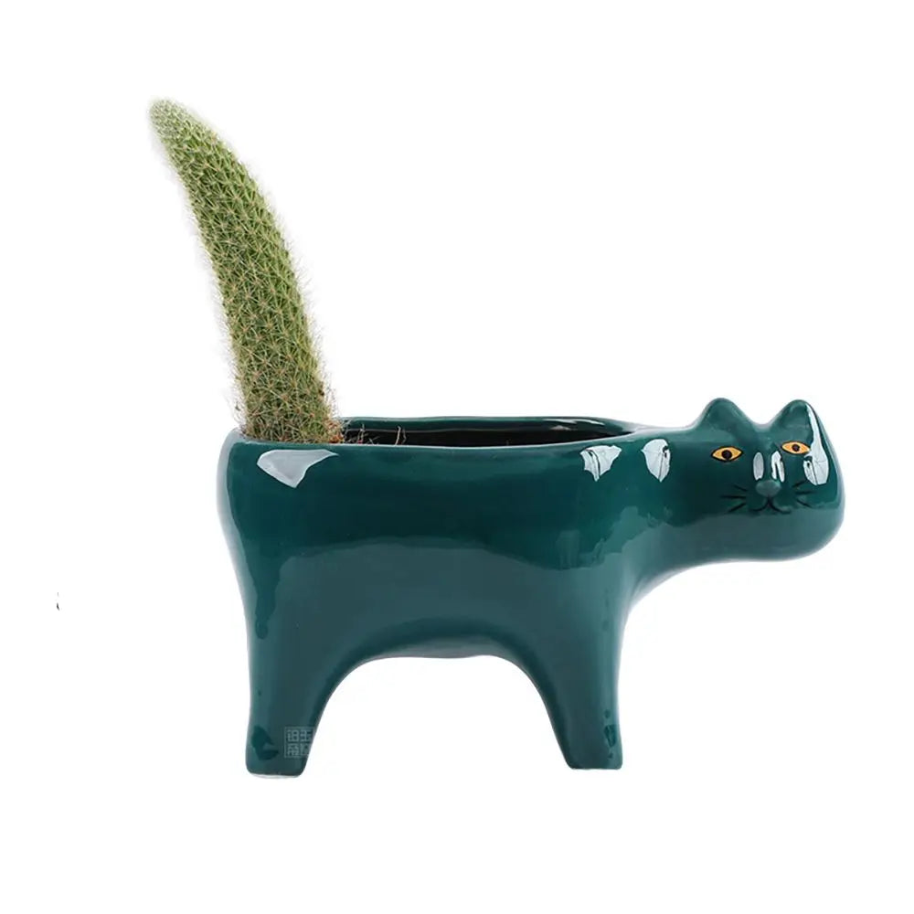 cache pot céramique chat stylisé moderne vert foncé glacé table jardin salon