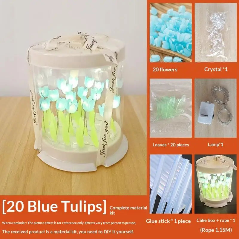boîte gâteau lumineuse transparente tulipes colorées moderne décoration chambre veilleuse artisanale feuilles plastique