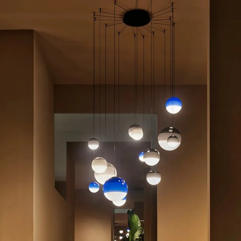 suspension lumineuse moderne câble suspendu gradient couleur vert bleu blanc