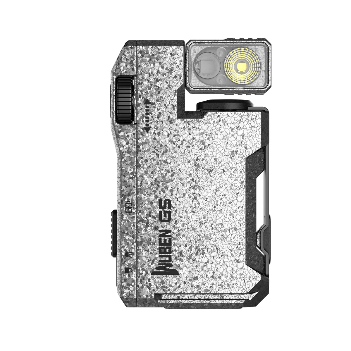 lampe torche rechargeable 400 lumens blanc gris texture granulée moderne robuste anneau fixation notice